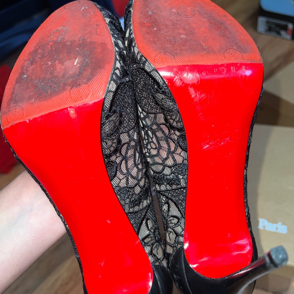 Christian Louboutin Black Lace Peep-Toe Stilettos - Picture 8 of 11